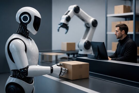Warehouse automation with humanoid robot and worker at a shipping conveyor
