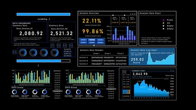Futuristic business analytics dashboard technology with financial data visualization and digital interface elements in 4K mockup motion video, illustrating modern corporate analytics and strategic bus