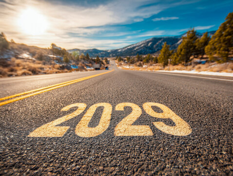 Perspective view of an empty mountain road with the year 2029 painted on the asphalt, symbolizing a journey toward the future under a bright sky