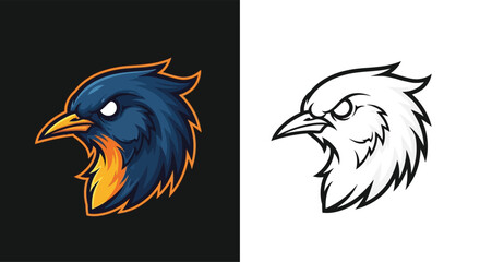 Fototapeta premium Stylized bird head logo in color and black and white outline, featuring an aggressive expression suitable for esports mascots.