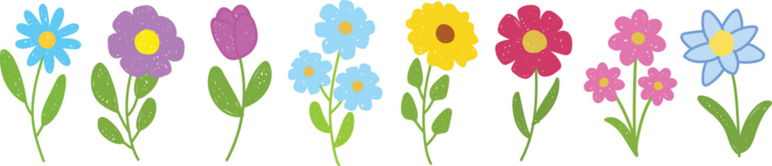 Hand drawn colorful spring flower set in playful line art style. Cute daisy, tulip and sunflower stems in vibrant colors perfect for garden, greeting and trendy floral designs. © Sajjit