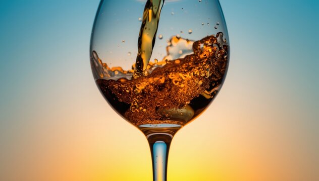 Amber liquid is being poured into a clear wine glass, capturing dynamic splash and bubbles against a warm, gradient background.
