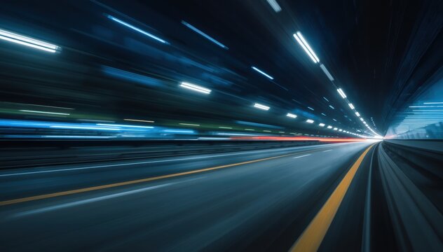 A dynamic long-exposure shot of a highway tunnel at night, capturing streaks of light from fast-moving vehicles.
