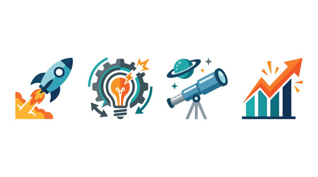 A set of four vibrant icons representing concepts of startup, innovation, exploration, and business growth and analytics.