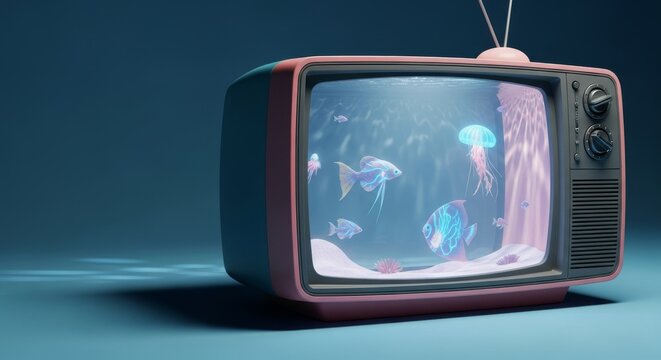 A vintage pastel television transformed into a glowing aquarium where surreal fish float peacefully amidst soft shadows and hazy light, aquarium, tank, vibrant