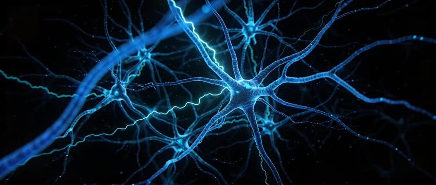 Electric nerve cell network neuron neural synapse axon biology blue glow energy science sends vibrant signal across dark background abstract medical connection brain anatomy electricity concept