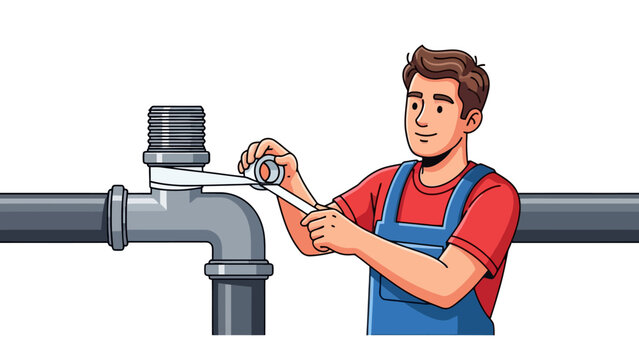 Plumber wrapping threaded pipe fitting with white sealing tape