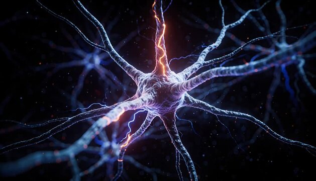 Neuron nerve cell synapse axon dendrite neural network electricity glow fiber science brain cell network biology electric glowing medicine artwork visualizing active neural connection impulse