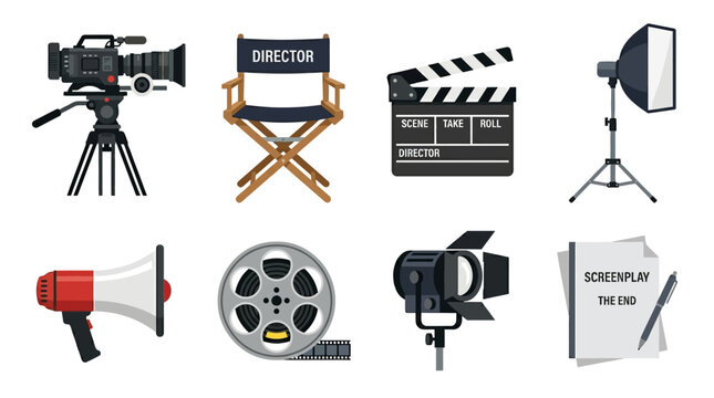 A collection of professional filmmaking equipment icons featuring a movie camera, director chair, clapperboard, lighting gear, megaphone, film reel, and a screenplay script with pen.