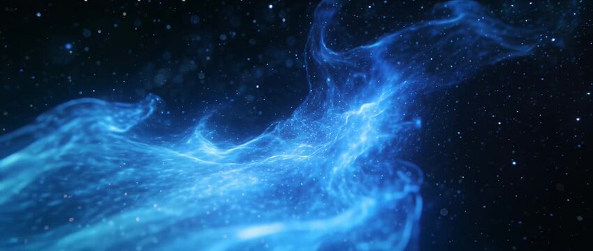 Mystic blue energy wave abstract cosmic fluid motion deep void background glowing light trail fantasy space nebula swirl magical dust particle dynamic flow texture surreal dream cosmos scene