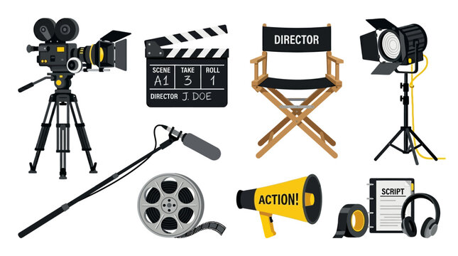 A collection of various professional filmmaking equipment including a movie camera, clapperboard, director chair, studio light, megaphone, film reel, and script for modern cinema production projects.