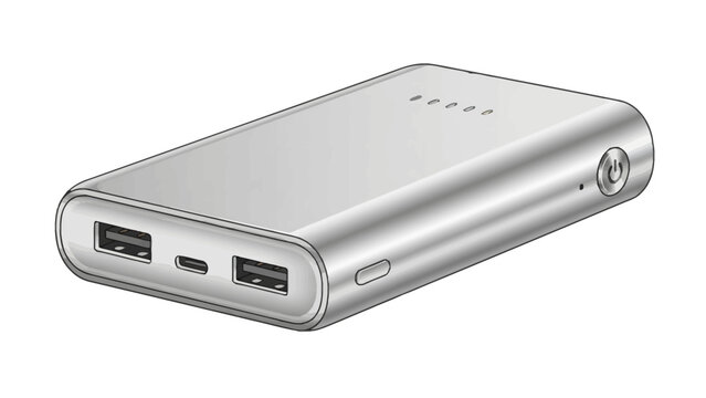 Silver portable power bank with two USBA ports one USBC port and power button
