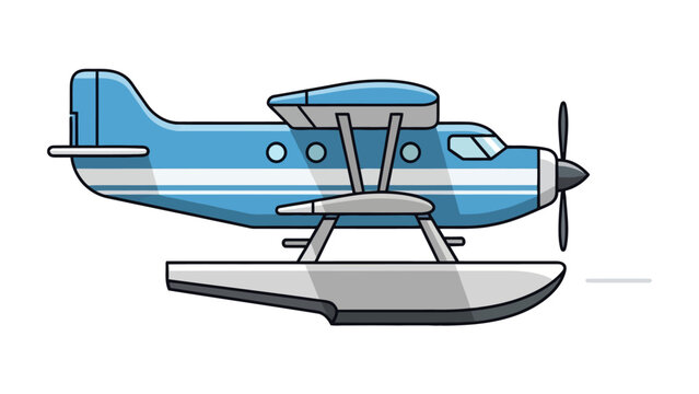 Stylized blue seaplane with pontoons floating against a white background