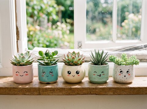 succulent plant in pots with cute face