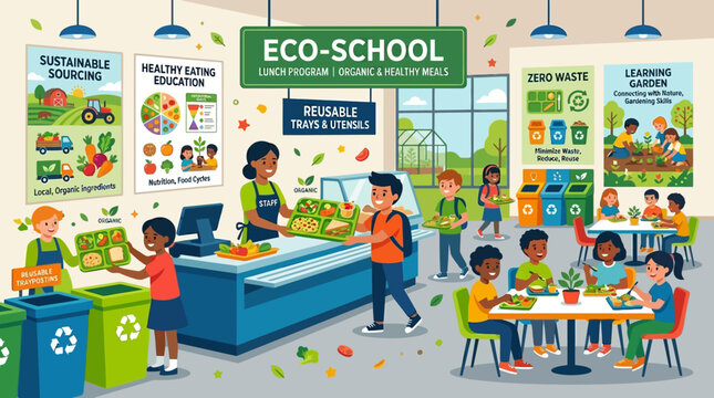 Happy diverse students and staff members participate in a sustainable eco school lunch program featuring organic meals and reusable trays