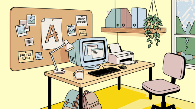Cartoon illustration of a home office desk with computer, printer, and corkboard