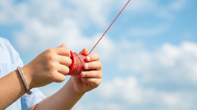 Child hands holding a kite spool against a blue sky, World Day Against Child Labour, representing childhood innocence and the importance of play over labor