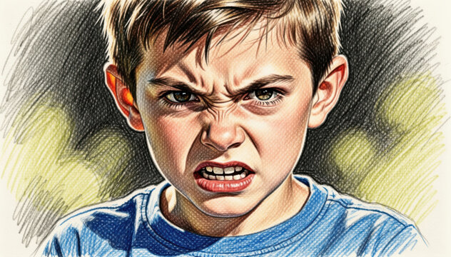 Intense Anger Portrait: A young boy's face etched with a look of pure rage and intense emotion, capturing raw frustration and uncontrolled fury.