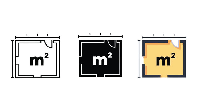Square meter floor plan icons: outline, filled, and colored with dimensions, vector illustration