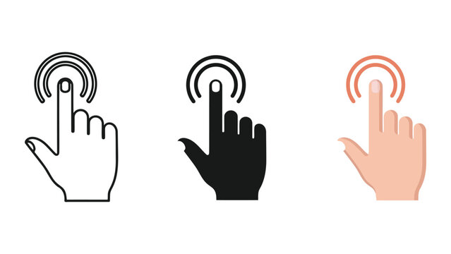 Set of three finger click icons: outline, solid black, and realistic hand pressing button, vector illustration