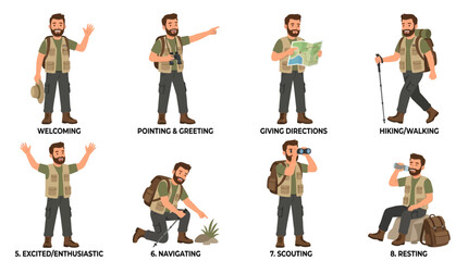 Obraz premium A collection of vector character poses featuring a bearded male hiker wearing a vest and backpack while performing various outdoor activities for travel themed projects.