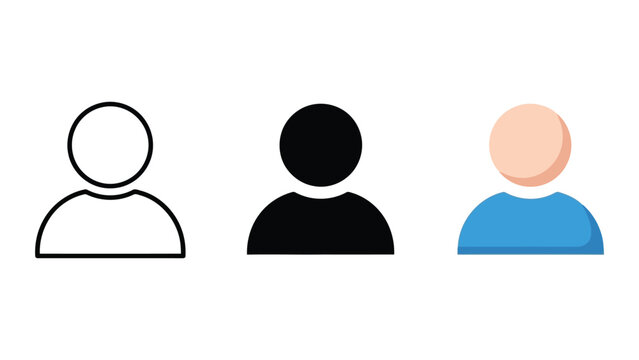 Set of abstract user profile icons: outline, silhouette, and flat design, isolated on white background, vector illustration