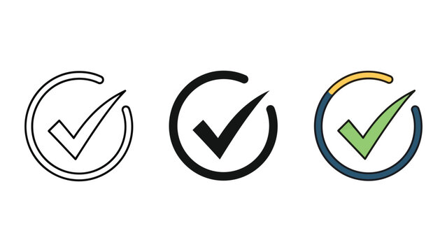 Check mark icons set in outline solid and colored vector styles
