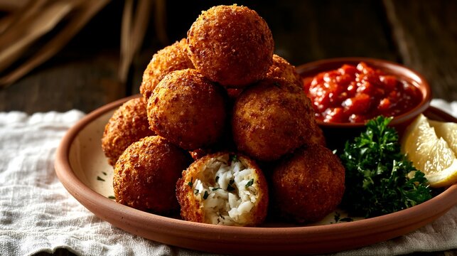 Canda, traditional Chadian fish balls, arranged in elegant pyramid on handcrafted terracotta ceramic plate with cream glazed interior