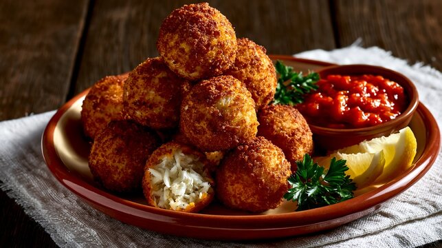 Canda, traditional Chadian fish balls, arranged in elegant pyramid on handcrafted terracotta ceramic plate with cream glazed interior