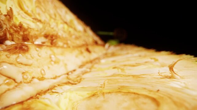 Dolly Slider Close Up Of Cut Jackfruit Showing Spiky Skin And Soft Interior, Camera Moving Along Surface, Studio Lighting, Tropical Organic Food Texture, Detailed Fibers And Seeds