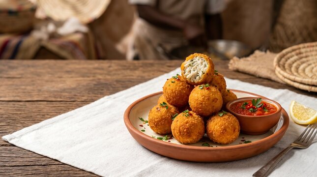 Canda, traditional Chadian fish balls, arranged in elegant pyramid on handcrafted terracotta ceramic plate with cream glazed interior