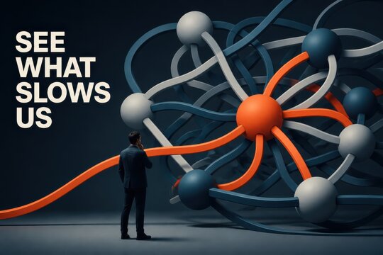 Workflow bottleneck concept with tangled network and businessman analyzing delays