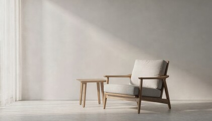 Fototapeta premium Serene Interior: A minimalist interior design features a cozy wooden armchair and a matching side table bathed in soft sunlight, inviting moments of relaxation and contemplation.