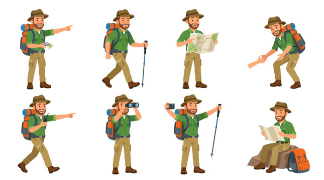A collection of cartoon illustrations featuring a smiling male hiker wearing a hat and backpack while performing various outdoor activities like walking and reading maps.