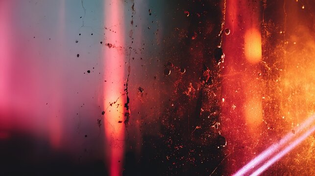 Vibrant abstract photography with striking light leaks and heavy grunge texture, soft pinkish red fading to fiery orange center and deep black on right, vertical elongated red orange light blurs like 