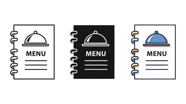 Restaurant menu book icons with cloche on cover, set of three variations: outline, solid black, and color, vector illustration