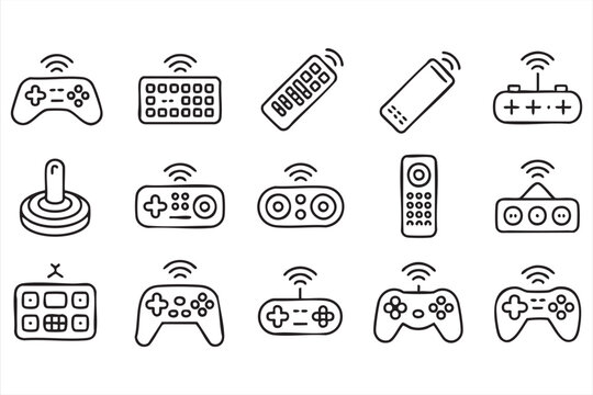 Wireless gaming controller line icon set with gamepads, remotes, joystick, console accessories, and device symbols