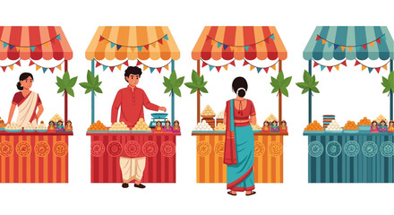 Vibrant Indian street food market, colorful vendor stalls, food cart icons, illustration set © Vasant