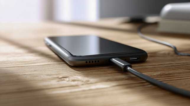 Modern smartphone with charging cable plugged in lying on wooden surface next to laptop in bright natural light setting