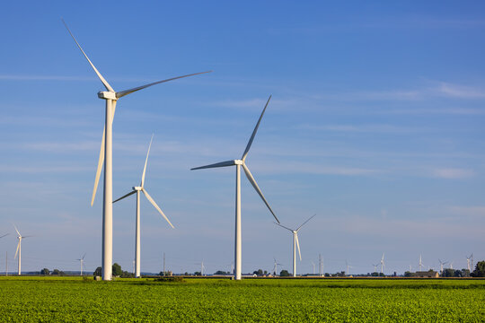 Wind farm generating clean energy in agricultural field in Michigan