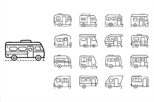 Camper trailer line illustration set with RV vehicles, caravan designs, mobile homes, and travel lifestyle icons