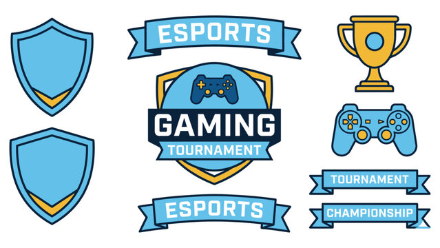 Esports gaming tournament logo templates with blue shields banners trophy and controller.