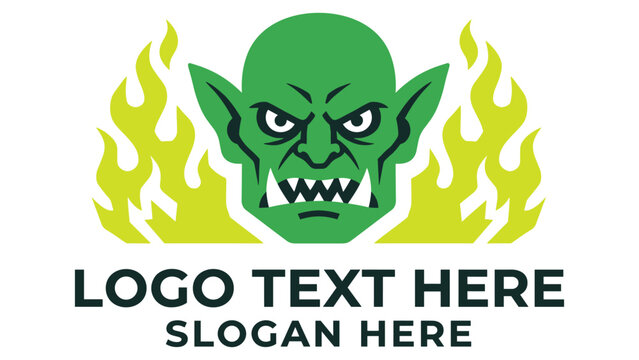 Fiery green orc head logo design with bold text, fierce gaming mascot illustration.