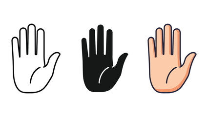 Obraz premium Three hand icons: outline, solid black, and realistic skin tone, showing stop gesture vector illustration