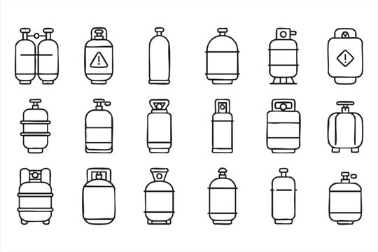 Black outline gas cylinder icons for LPG supply, welding equipment, heating systems, and utility service graphics