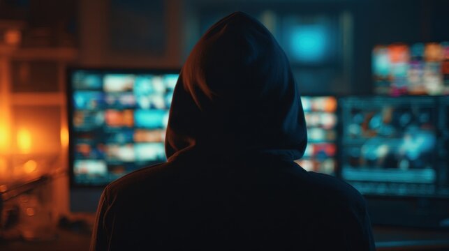 Mysterious figure in dark hoodie facing multiple computer screens filled with data streams and digital information in a dimly lit room with warm ambient lighting