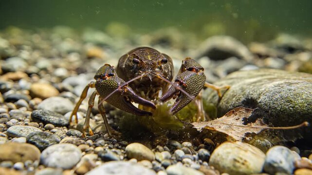 Closeup underwater view of a crayfish on a rocky riverbed.