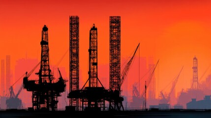 Obraz premium Silhouetted Oil Rigs against a Dramatic Sunset Sky over an Offshore Oil Platform Landscape
