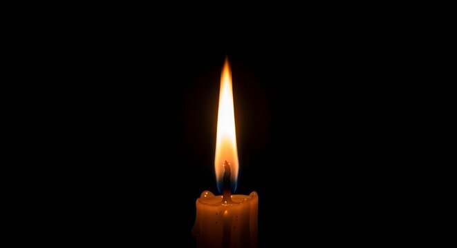 Minimalist, photo-realistic capture of a single candle flame, emitting a warm, soft glow against a stark dark background, symbolizing peace and subtle illumination in a tranquil setting