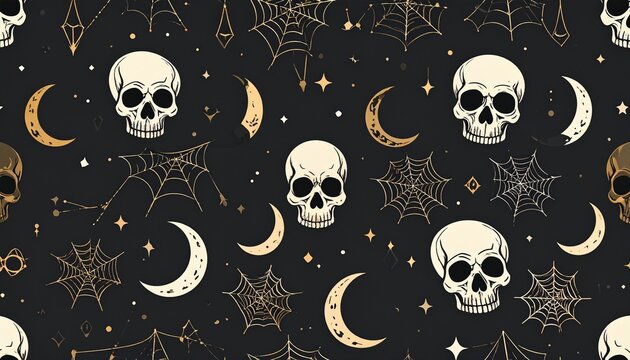 Dark gothic seamless Halloween pattern with skulls webs and occult symbols